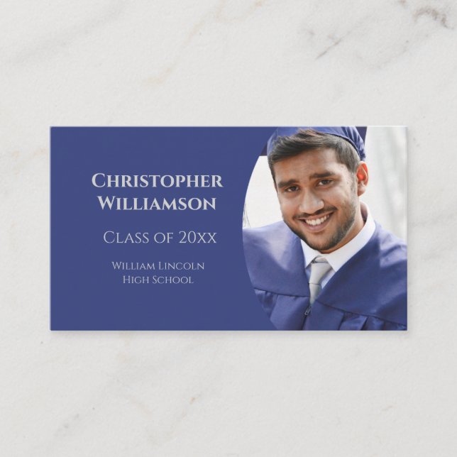 Graduation Student  School Networking Blue Photo Business Card (Front)