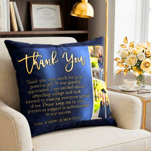 Graduation Thank You 2 Photo Collage Navy Blue Gol Cushion