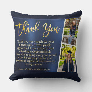 Graduation Thank You 2 Photo Collage Navy Blue Gol Cushion