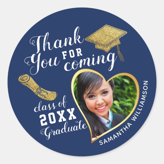Graduation Thank You Blue White Gold Class 2025 Classic Round Sticker (Front)