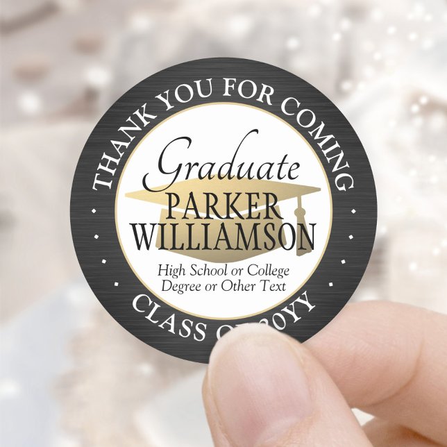 Graduation Thank You Brushed Black Gold and White Classic Round Sticker (Creator Uploaded)