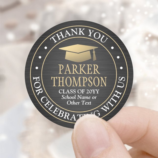 Graduation Thank You Brushed Black Gold and White Classic Round Sticker (Creator Uploaded)