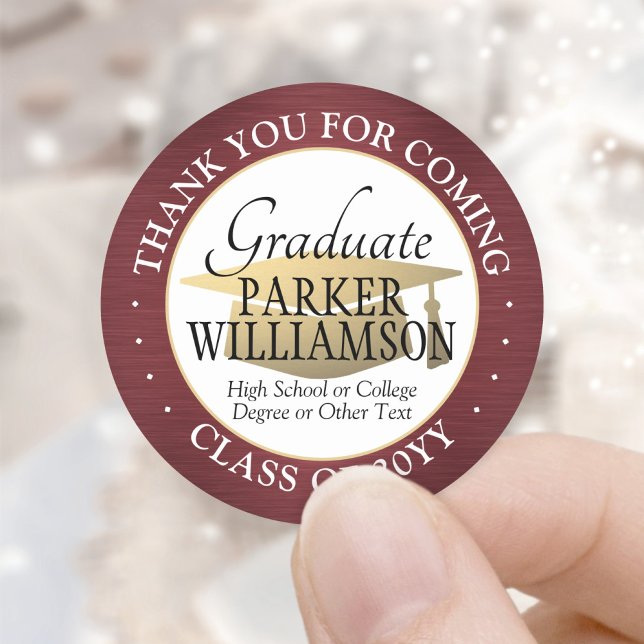 Graduation Thank You Brushed Burgundy Red and Gold Classic Round Sticker (Creator Uploaded)