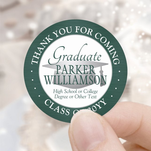 Graduation Thank You Brushed Dark Green and White Classic Round Sticker (Creator Uploaded)