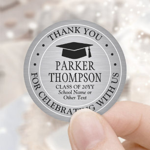 Graduation Thank You Brushed Faux Metallic Silver Classic Round Sticker
