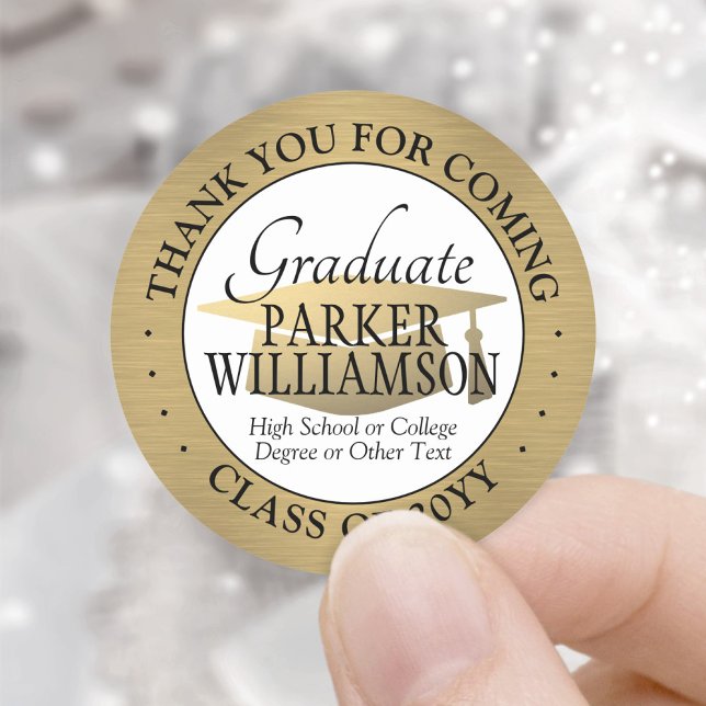 Graduation Thank You Brushed Gold Black White Classic Round Sticker (Creator Uploaded)