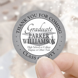Graduation Thank You Brushed Grey Black and White Classic Round Sticker