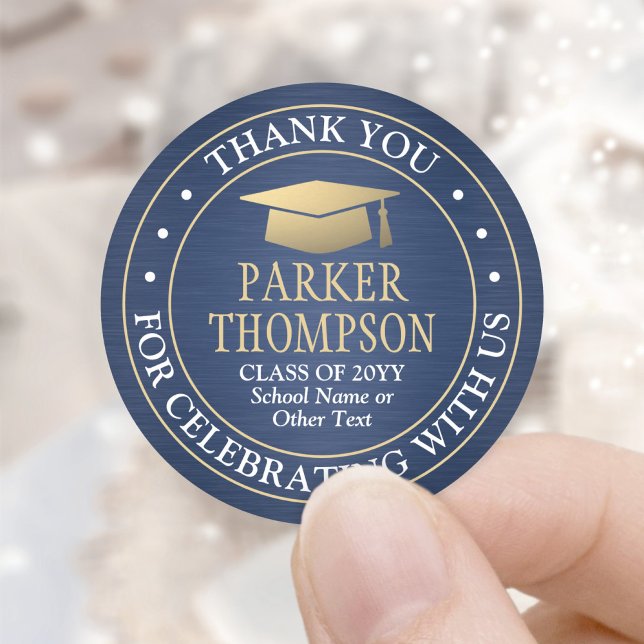 Graduation Thank You Brushed Navy Blue Gold White Classic Round Sticker (Creator Uploaded)