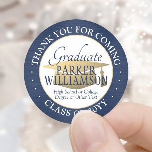 Graduation Thank You Brushed Navy Blue White Gold Classic Round Sticker