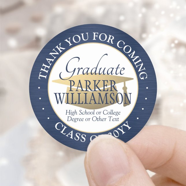 Graduation Thank You Brushed Navy Blue White Gold Classic Round Sticker (Creator Uploaded)