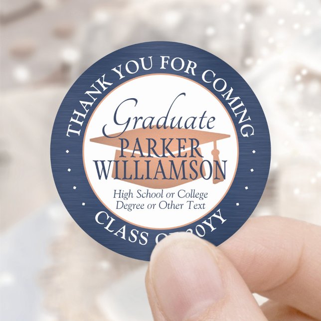 Graduation Thank You Brushed Navy White and Copper Classic Round Sticker (Creator Uploaded)