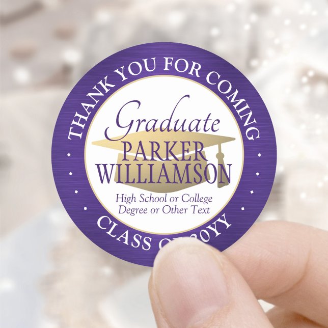 Graduation Thank You Brushed Purple Gold and White Classic Round Sticker (Creator Uploaded)
