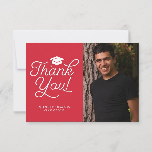 Graduation Thank You Card - Simple, Photo, Red (Front)