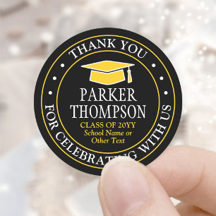 Graduation Thank You Elegant Black Gold Yellow Classic Round Sticker