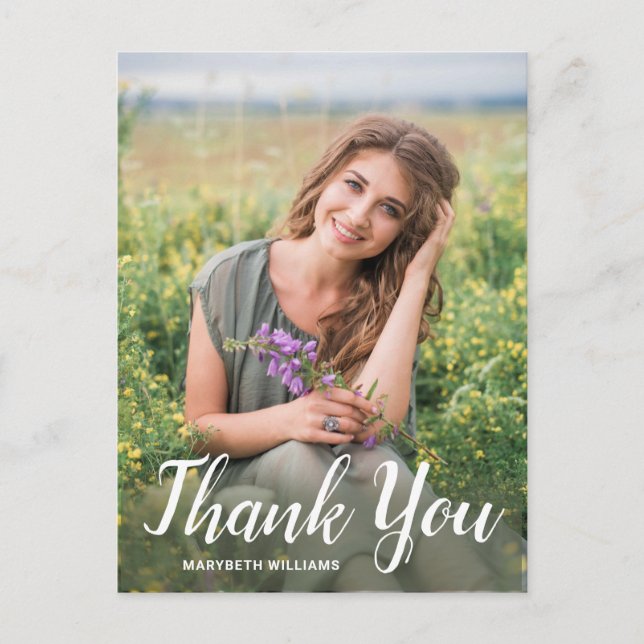 Graduation Thank You Elegant White Script Photo Postcard (Front)