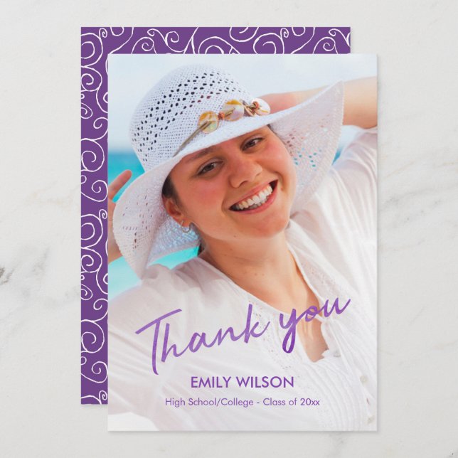 Graduation Thank You Grad Photo Violet Pattern Announcement (Front/Back)