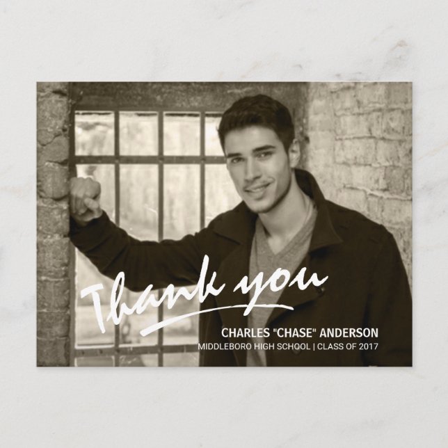 Graduation Thank You Handwritten Brush Script Postcard (Front)