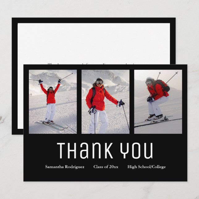 Graduation Thank You Modern 3 Photo Black White Announcement (Front/Back)