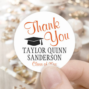 Graduation Thank You Modern Orange Black and White Classic Round Sticker