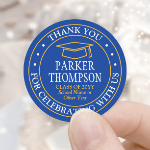 Graduation Thank You Modern Royal Blue Gold Yellow Classic Round Sticker