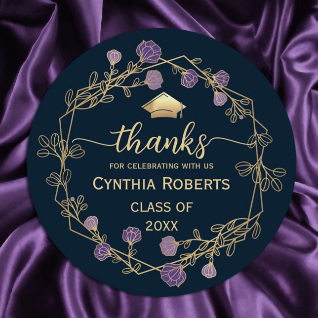 Graduation Thank You Navy Blue Gold Floral Classic Round Sticker ("Golden gratitude blooms! 🎓✨ Our round frame purple and gold flower thank you stickers #glamour )