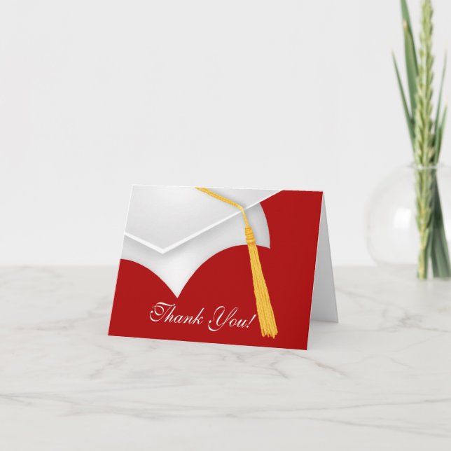 Graduation Thank You Note Card white Red Grad Cap (Front)