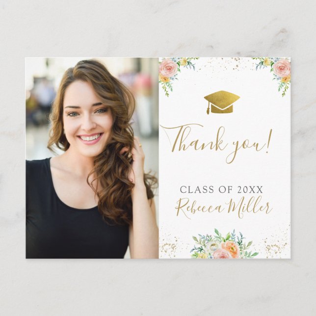 Graduation Thank you Photo Postcard floral  gold (Front)