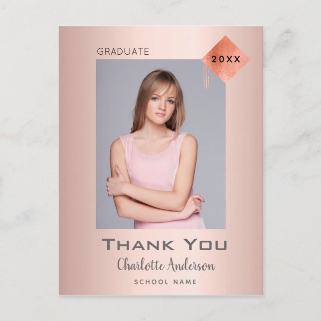 Graduation thank you photo rose gold modern postcard (Front)