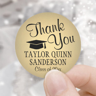Graduation Thank You Script Black & Gold Faux Foil Classic Round Sticker