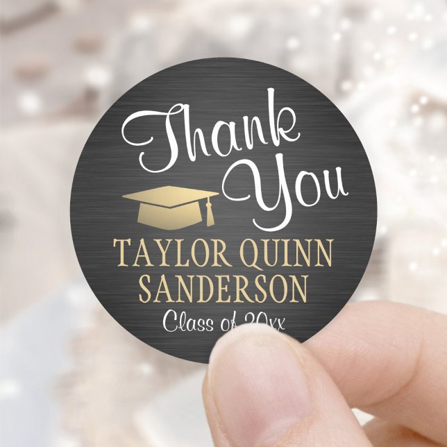 Graduation Thank You Script Brushed Black and Gold Classic Round Sticker (Creator Uploaded)