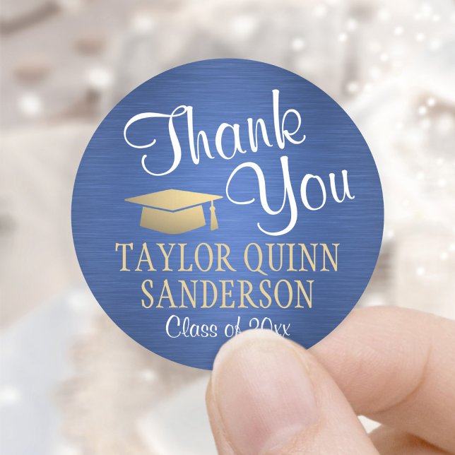 Graduation Thank You Script Brushed Blue and Gold Classic Round Sticker (Creator Uploaded)