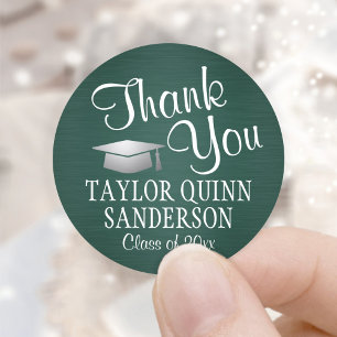 Graduation Thank You Script Brushed Green & White Classic Round Sticker