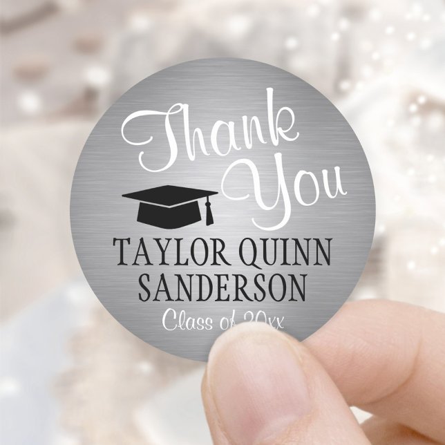 Graduation Thank You Script Brushed Silver Grey Classic Round Sticker (Creator Uploaded)