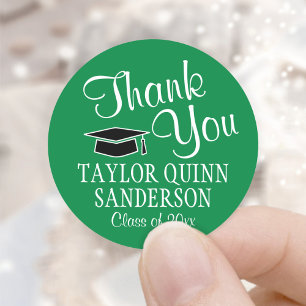 Graduation Thank You Script Green White and Black Classic Round Sticker
