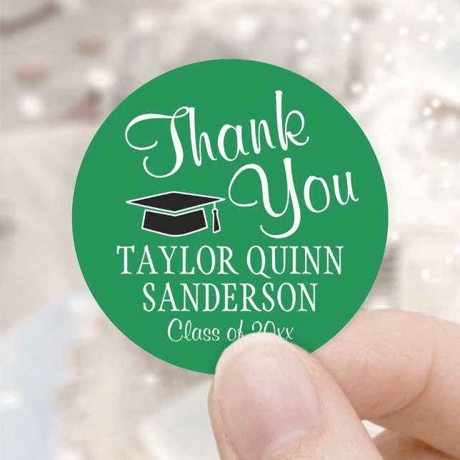 Graduation Thank You Script Green White and Black Classic Round Sticker (Creator Uploaded)