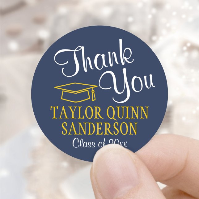 Graduation Thank You Script Navy Blue Gold Yellow Classic Round Sticker (Creator Uploaded)