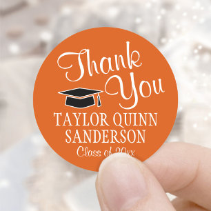 Graduation Thank You Script Orange Black and White Classic Round Sticker