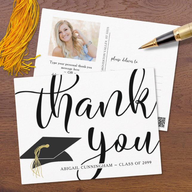 Graduation Thank You Script Photo Cap Black White Postcard (Creator Uploaded)