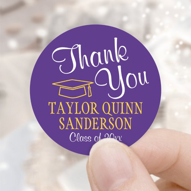 Graduation Thank You Script Purple and Gold Yellow Classic Round Sticker (Creator Uploaded)