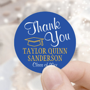 Graduation Thank You Script Royal Blue Gold Yellow Classic Round Sticker