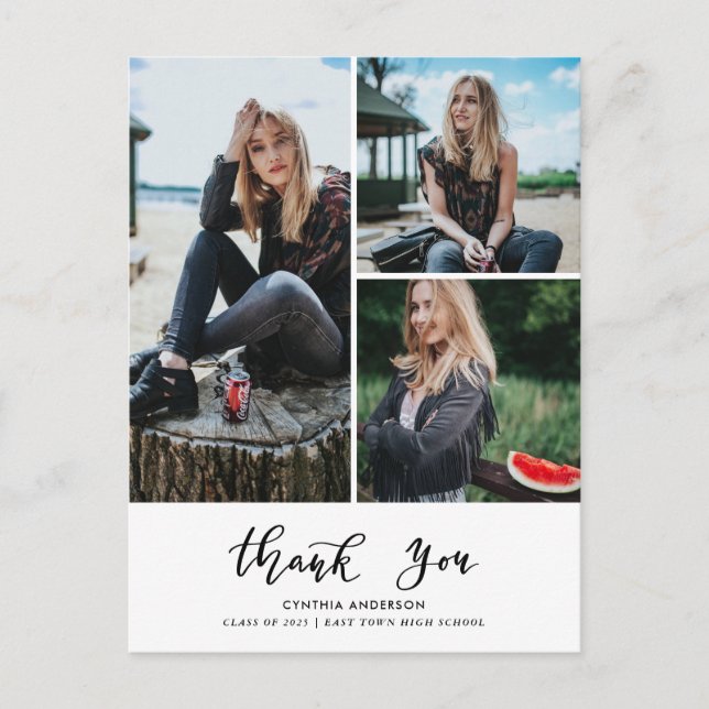 Graduation Thank You Script Three Grad Photo Postcard (Front)