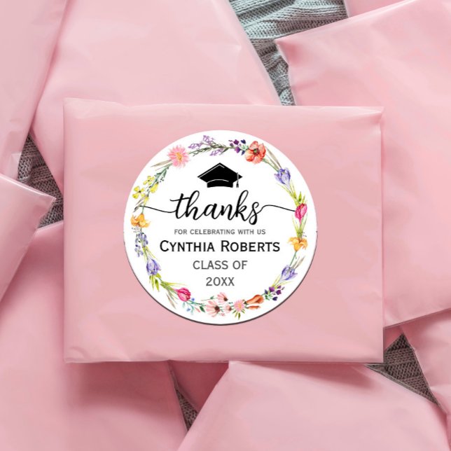 Graduation Thank You Wildflower Spring  Classic Round Sticker (watercolor flowers in shades of pink and purple, yellow in rustic garden greenery. #graduationparty)