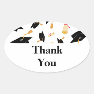 Graduation Theme Cap and Diploma Black Gold White Oval Sticker