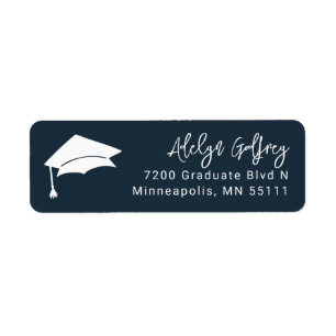 Graduation Theme Grad Cap Doodle Navy Blue Return Address Label
