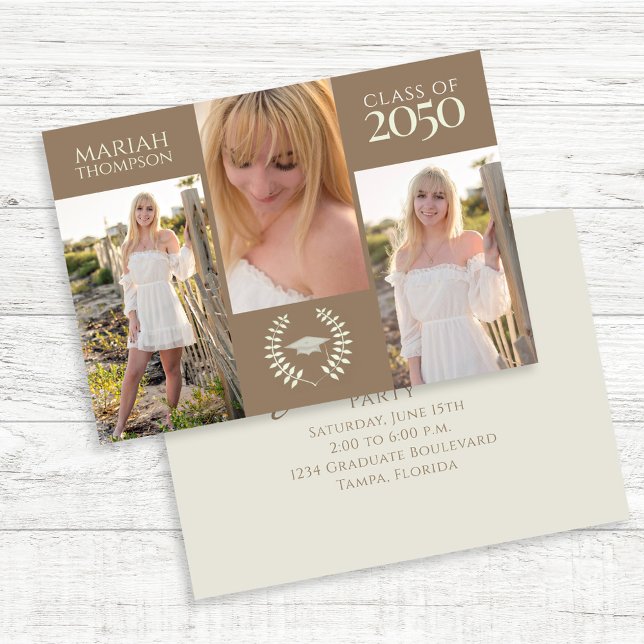 Graduation Three Photo Simple Neutral Creative  Invitation (Modern graduation photo collage invitation with three senior photos and elegant typography.)