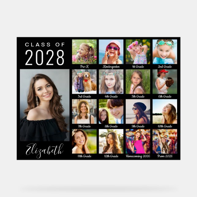 Graduation Through The Years 17 Photo Script Black Acrylic Sign (Front)