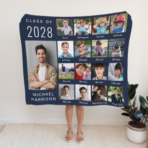 Graduation Through The Years Photo Collage Blue Sherpa Blanket