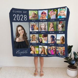 Graduation Through The Years Photo Collage Blue Sherpa Blanket