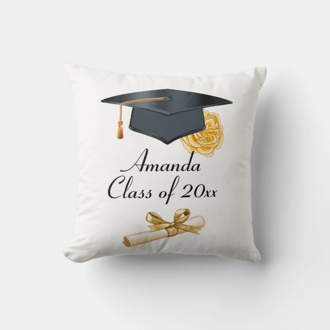 Graduation Throw Pillow with Gold Rose (Front)