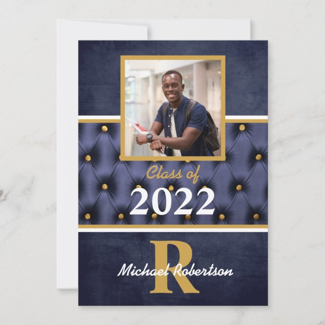 Graduation Traditional Navy Gold Tufted Invitation (Front)